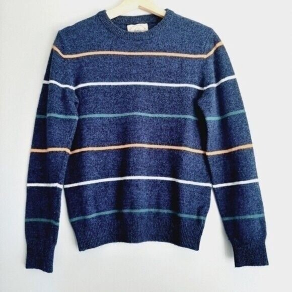 O'HANLON MILLS / Mens Pullover Sweater Navy Blue Stripes Lambswool Blend Sz S - Picture 1 of 13
